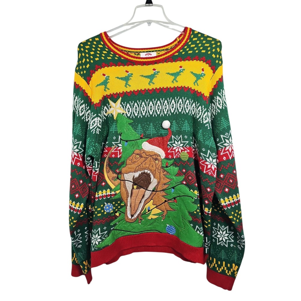 Holiday Time Sweater T-Rex Dinosaur Ugly Christmas Green Mens 2XL